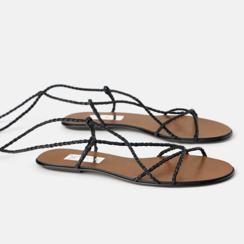 Braided Lace-Up Black Flat Sandals